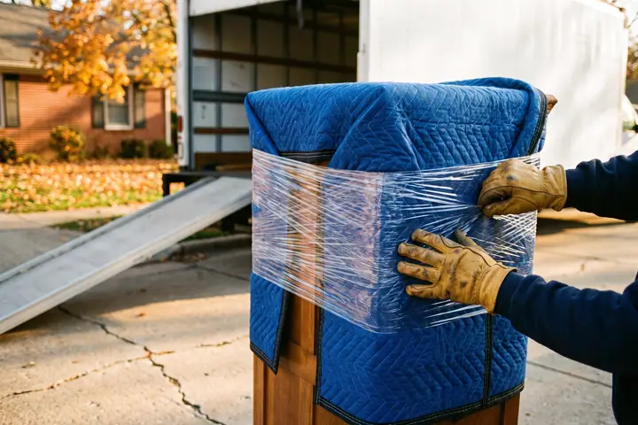 Two hands in tan leather work gloves pull clear stretch film around a tall piece of furniture padded in a royal blue quilted moving blanket on a driveway, the open back of a white box truck and its aluminum ramp behind, a brick house and amber maple leaves beyond