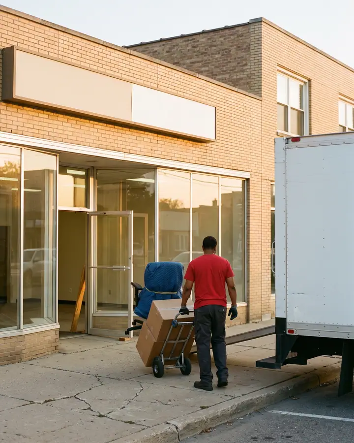 Low gold sun on a 1950s tan-brick storefront with a blank sign band and an open glass door into an empty office; a mover in a red T-shirt seen from behind steers a hand truck of cartons beside an office chair wrapped in a blue moving blanket, with the back of a white box truck at the right