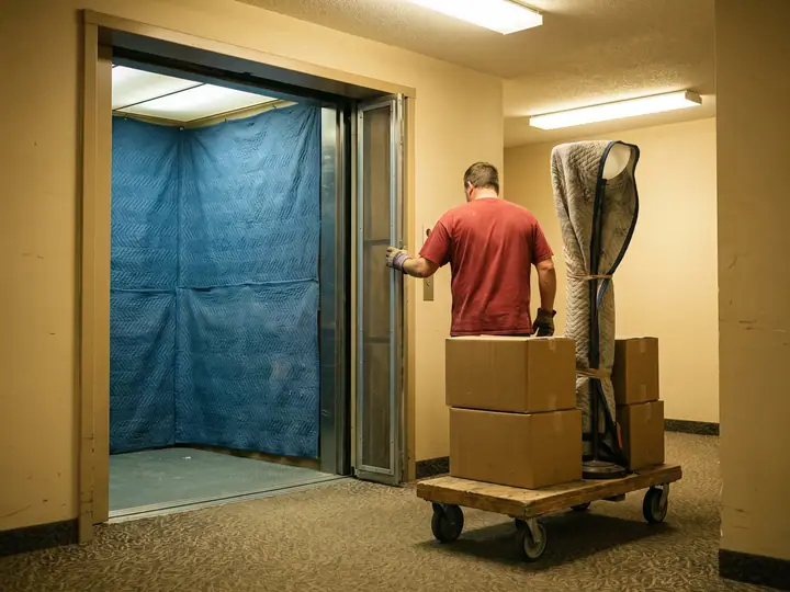 A mover in a red T-shirt seen from behind holds a service elevator open in a condominium lobby, the elevator walls hung with blue quilted pads, beside a dolly stacked with cartons and a floor lamp wrapped in a blanket
