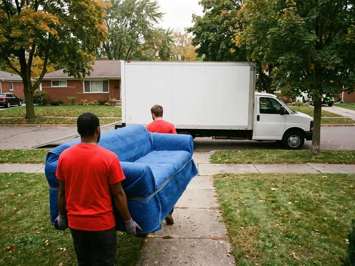 Two movers seen from behind carry a sofa wrapped in blue moving blankets down the front walk of a brick house toward a white box truck parked at the curb with its ramp down, a brick ranch house across the street