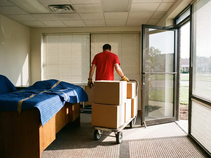 A mover in a red T-shirt seen from behind pushes a cart stacked with cartons toward the open glass door of a small office, a desk wrapped in a blue moving blanket beside him and morning sun striping the carpet