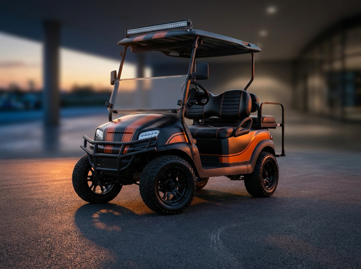 Blackout Alpha custom golf cart with orange accents