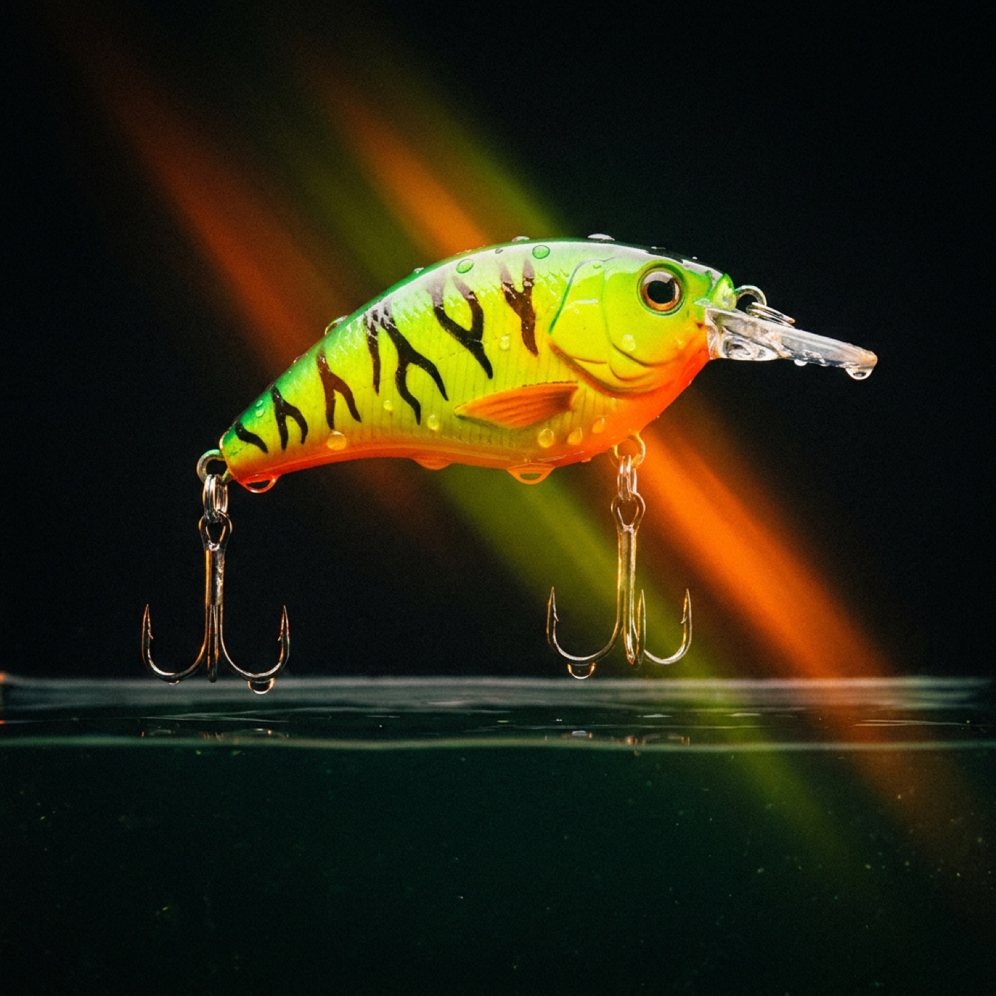 Macro concept shot of a firetiger crankbait lure with treble hooks on a black background
