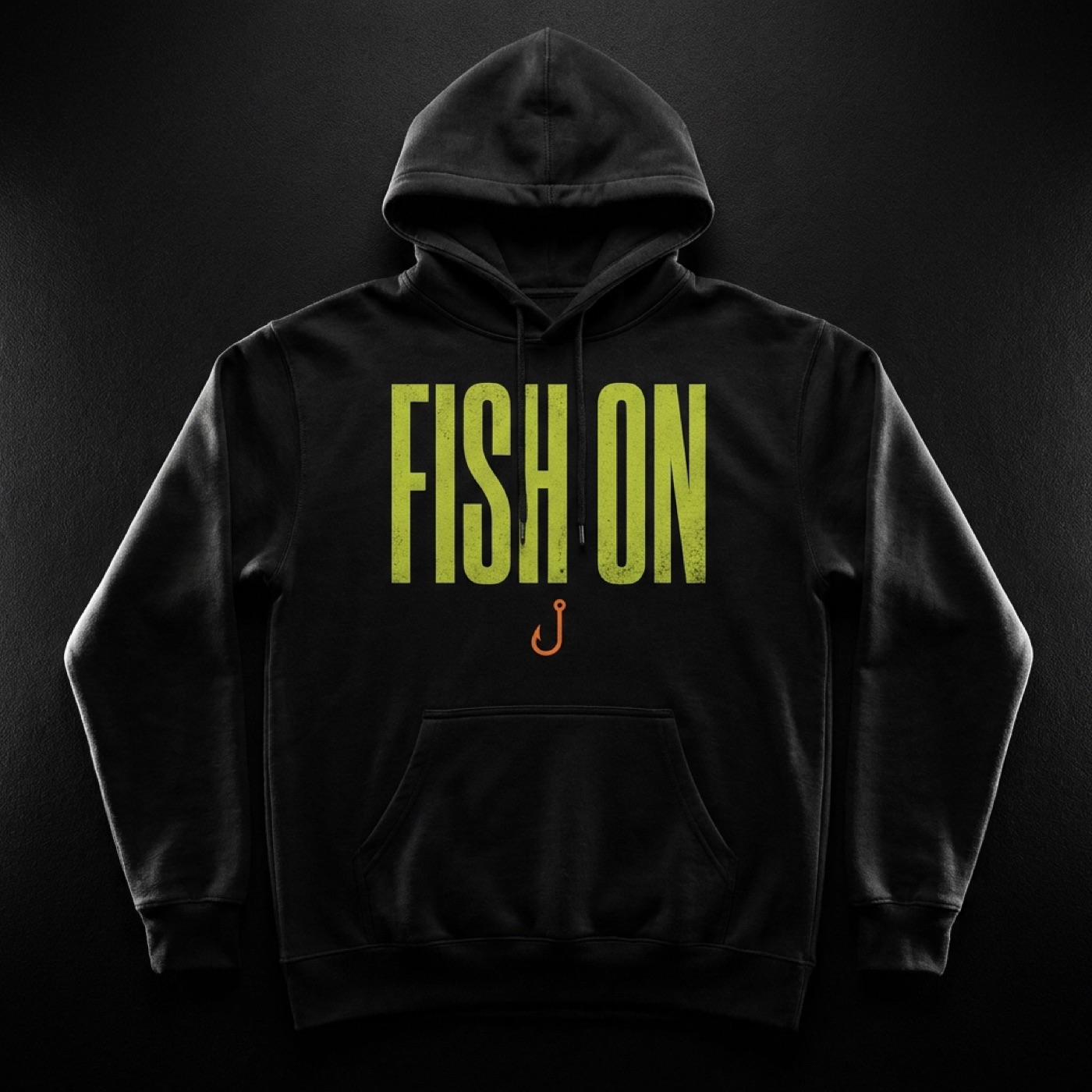 Preview of the Fish On hoodie, black with chartreuse block letters