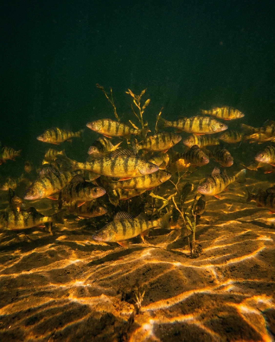 Concept shot of a school of jumbo yellow perch over a sandy lake bottom