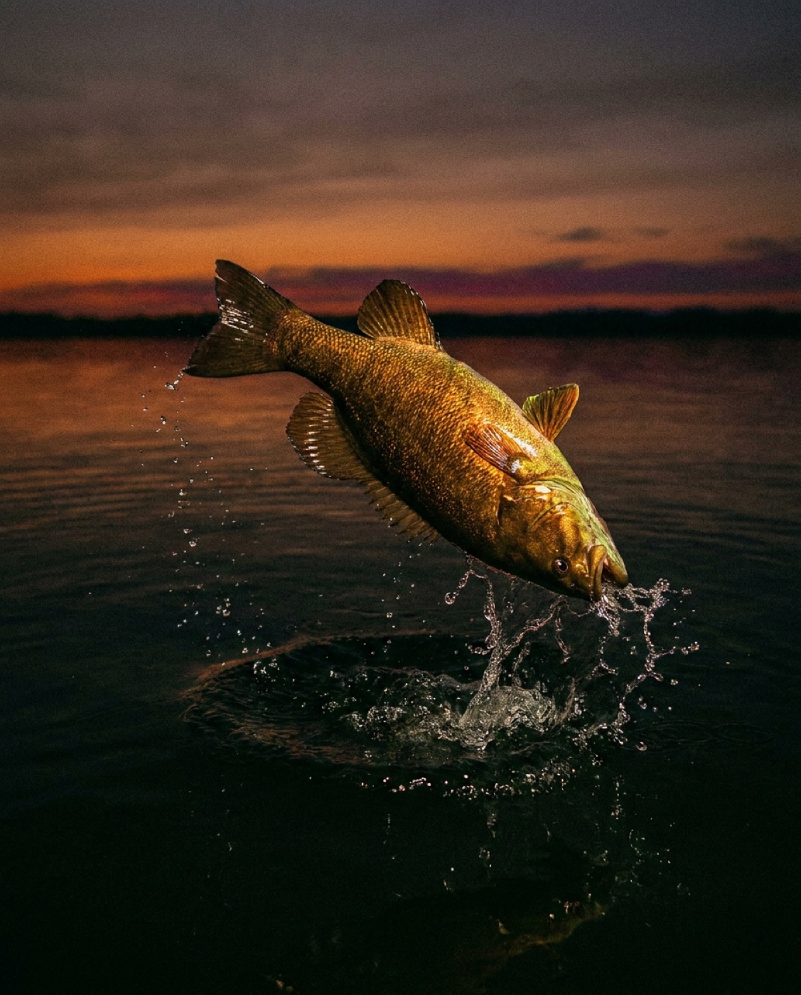 Concept shot of a smallmouth bass fully airborne above dark water at dusk